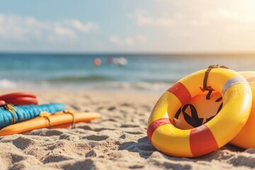 Life preserver on beach safety and vacation concept