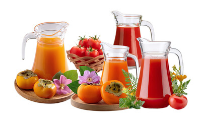 Summer's Sip and Harvest: A vibrant collection of healthy fruit juices in transparent pitchers are arranged among an assortment of colorful produce.