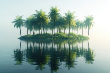 Obraz premium Island oasis. Palm trees on a small island reflect in calm water, surrounded by mist. Tropical feel