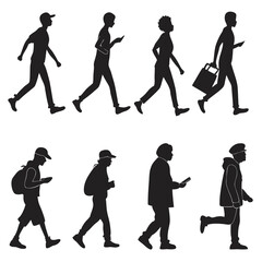 Group Of Diverse People Walking Silhouettes Checking Mobile Phones Concept