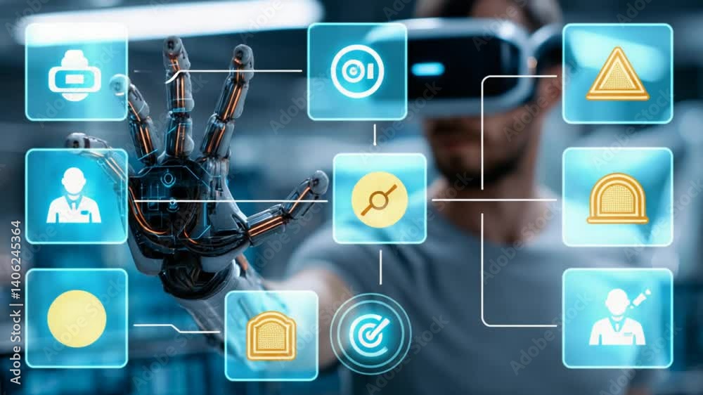 Poster engineer controls robotic arm with virtual reality technology generative ai