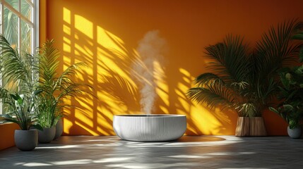 Bright, sunlit room with lush plants framing a round tub expelling steam. Warm, relaxing