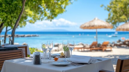 Luxury beach dining table setting tranquil ocean view ideal vacation