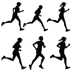 Silhouetted Runners Women Running Marathon Or Jogging In Sportswear Vector Illustration