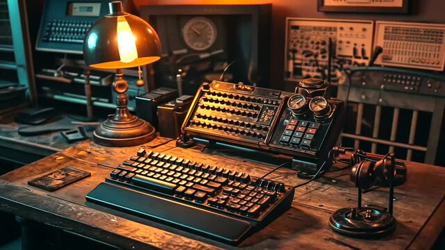 Retro keyboard on vintage desk, steampunk background, workspace