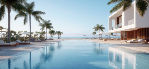 Luxury resort swimming pool scene palm trees and modern architecture for travel and relaxation