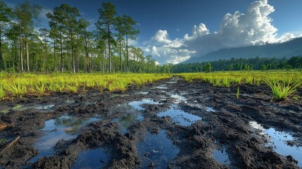 Fototapeta premium Muddy Path Through Lush Green Field and Forest, Mountain Background