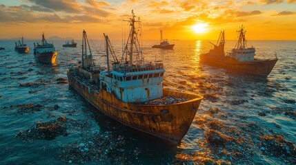 Fototapeta premium Sunset over the Ocean: Fishing Fleet Amidst Plastic Pollution