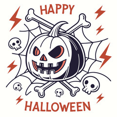 Retro Halloween Pumpkin With Bones Skulls And Lightning Bolts Vector Illustration