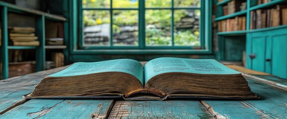 An open book lies on a weathered table, window view, and shelves fill the background