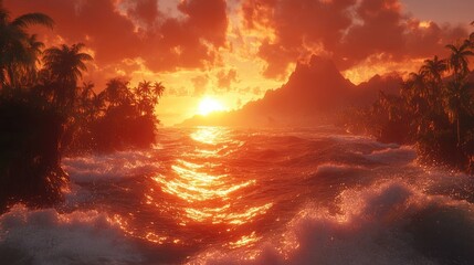 Tropical coast at sunset crashing waves, silhouetted palms, radiant sky