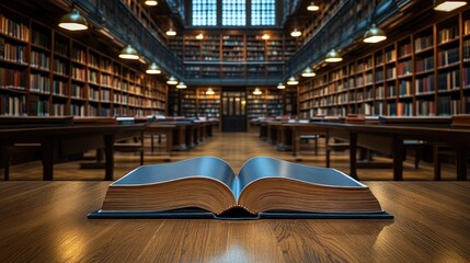 Open book on wooden desk in library with books on shelves, providing knowledge and learning experience