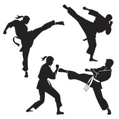 Karate Martial Arts Silhouette Collection Demonstrating Kicks And Blocks For Sport Graphic Resources