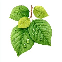 Detailed Illustration of Green Leaves with Water Droplets on White Background