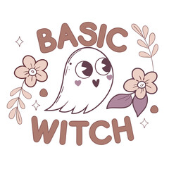 Cute Halloween Ghost Vector Illustration With Flowers For Basic Witch Design