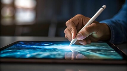 Photomanipulation Techniques concept A person using a stylus on a tablet to create digital art.