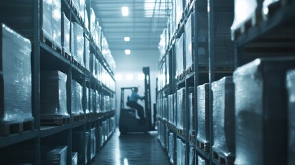 Forklift operator moving pallets in a warehouse. Featuring logistics efficiency