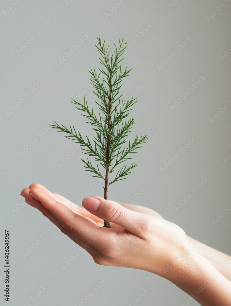 Poster gentle hands nurturing a small tree symbolizing hope and growth in a clean and serene environment