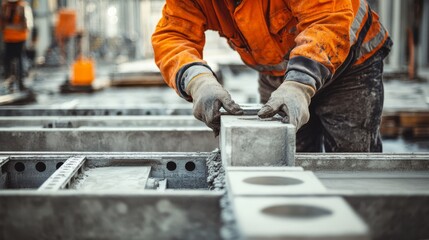 Formwork specialist assembling reinforced concrete molds at a job site. Featuring structural framework
