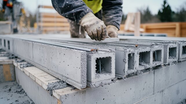 Formwork specialist assembling reinforced concrete molds at a job site. Featuring structural framework