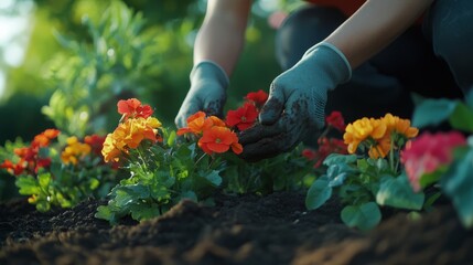 Fototapeta premium Gardener planting new flowers in a decorative garden bed. Featuring flower planting
