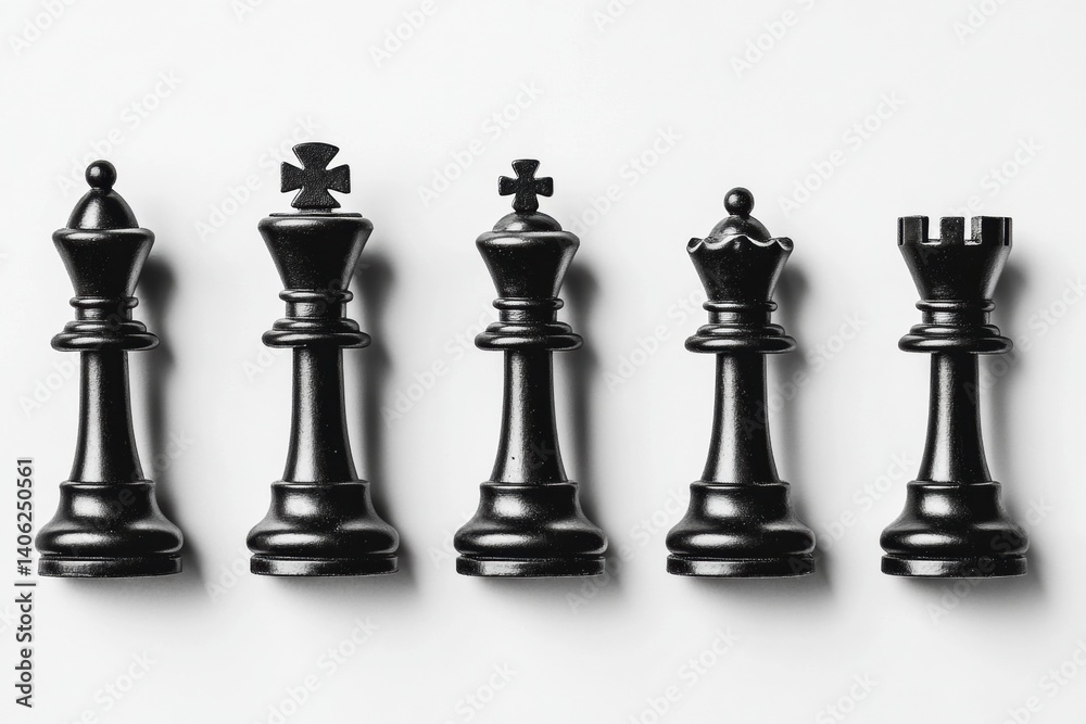 Poster top-down view of black and white chess pieces on a clean white board showcasing an organized layout 