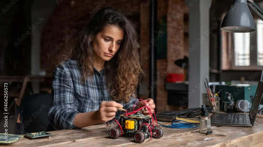 Poster female electronics engineer builds and tests robotics in lab generative ai