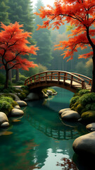 A jade-green pond mirrors a wooden bridge and autumn maples in a Japanese garden. Koi fish glide beneath, surrounded by moss and trickling water. Dreamy and serene.