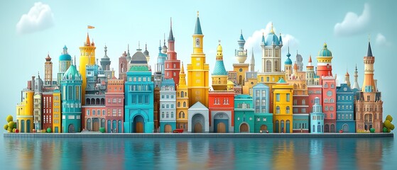 Obraz premium Cartoon buildings line the waterfront in a city scene, with reflections on the water