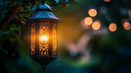 Ornate Metal Lantern Glowing in the Night Garden