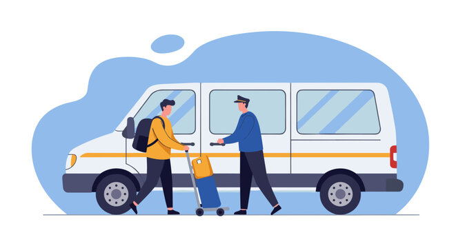 Airport driver assisting traveler with luggage at shuttle van  