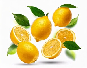 A creative set with Fresh raw whole and cut lemons with green leaves falling in the air isol 