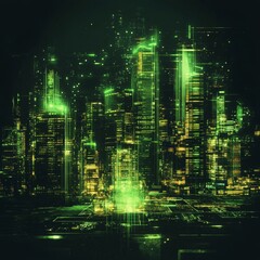 Obraz premium Futuristic urban skyline with glowing green lights and digital elements, representing a vibrant and technologically advanced cityscape at night