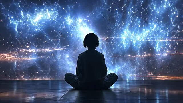 Rooftop meditation, cosmic backdrop, city view, peaceful mindfulness