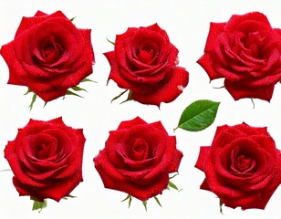 Fototapeta premium rose, flowers, red, beautiful, fresh, collection, climbing, isolated, white, background, nature, petals, floral, plant, vibrant, garden, bloom, romance, elegance, beauty, flora, blooming, green, leave