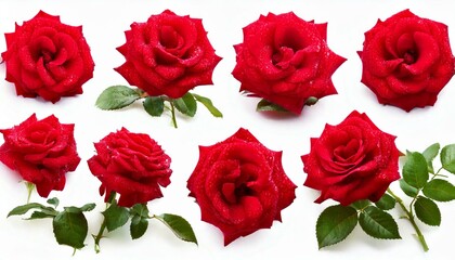 rose, flowers, red, beautiful, fresh, collection, climbing, isolated, white, background, nature, petals, floral, plant, vibrant, garden, bloom, romance, elegance, beauty, flora, blooming, green, leave