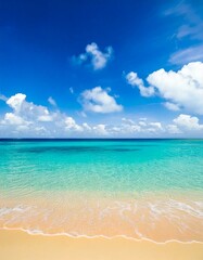 Fototapeta premium Beautiful tropical beach with blue sky and white clouds abstract texture background. Copy sp