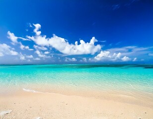 Obraz premium Beautiful tropical beach with blue sky and white clouds abstract texture background. Copy sp