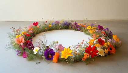 A vibrant circle of assorted flowers displayed artistically, showcasing colors and beauty in a minimalist setting.