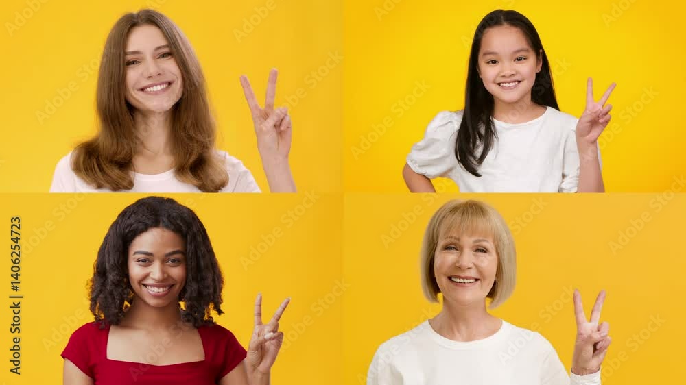 Poster This collection showcases four cheerful individuals from diverse backgrounds. Each person expresses joy with a V gesture, symbolizing success and positivity against a vibrant yellow backdrop.