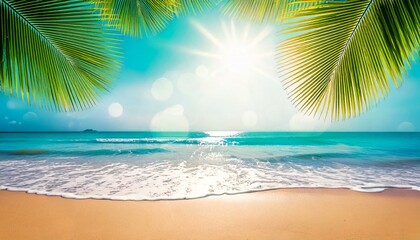 Blur beautiful nature green palm leaf on tropical beach with bokeh sun light wave abstract 