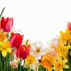  Border with tulips and daffodils closeup on white background