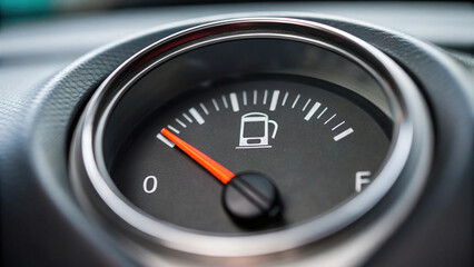 Fuel gauge shows stagnation in economy as it approaches empty, indicating need for refueling soon