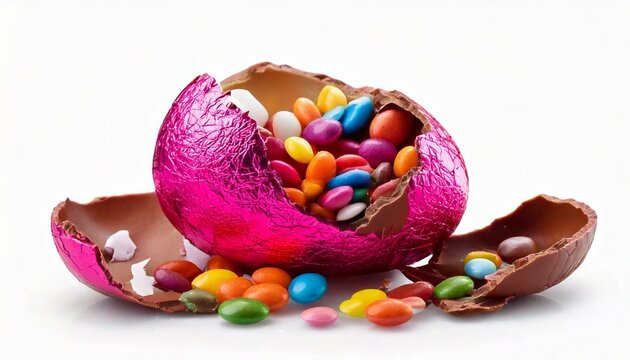 chocolate, easter, egg, broken, pink, foil, candy, colorful, sweets, white, background, festive, spring, treat, wrapper, delicious, holiday, sweet, dessert, fun, colorful candies, broken egg, confecti