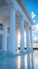 Fototapeta premium White pillars stand tall, catching sunlight. Marble floor reflects light and sky. Elegant architecture