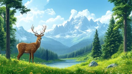 Naklejka premium Majestic Deer in Alpine Meadow: A Serene Mountain Landscape