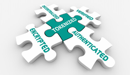 Tokenized Puzzzle Pieces Tokenization Authenticated Blockchain Security 3d Illustration