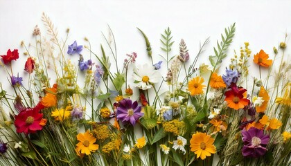  Colorful wildflowers from the meadow on a stark white background