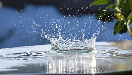 Water splashing action in natural environment on calm surface close-up photography view