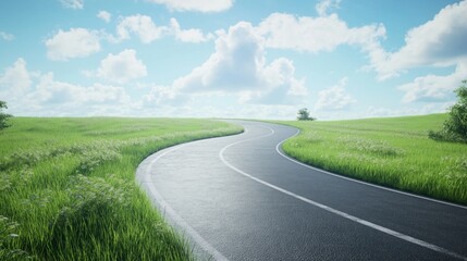 Fototapeta premium asphalt road curves through a vibrant green field, splitting into two directions under a light-blue, partly cloudy sky.
